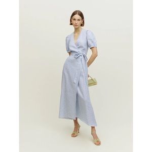 Reformation Weiss linen wrap dress in “Baguette” blue gingham